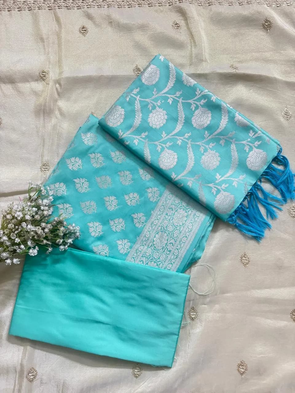 Turquoise Floral Brocade Suit Set