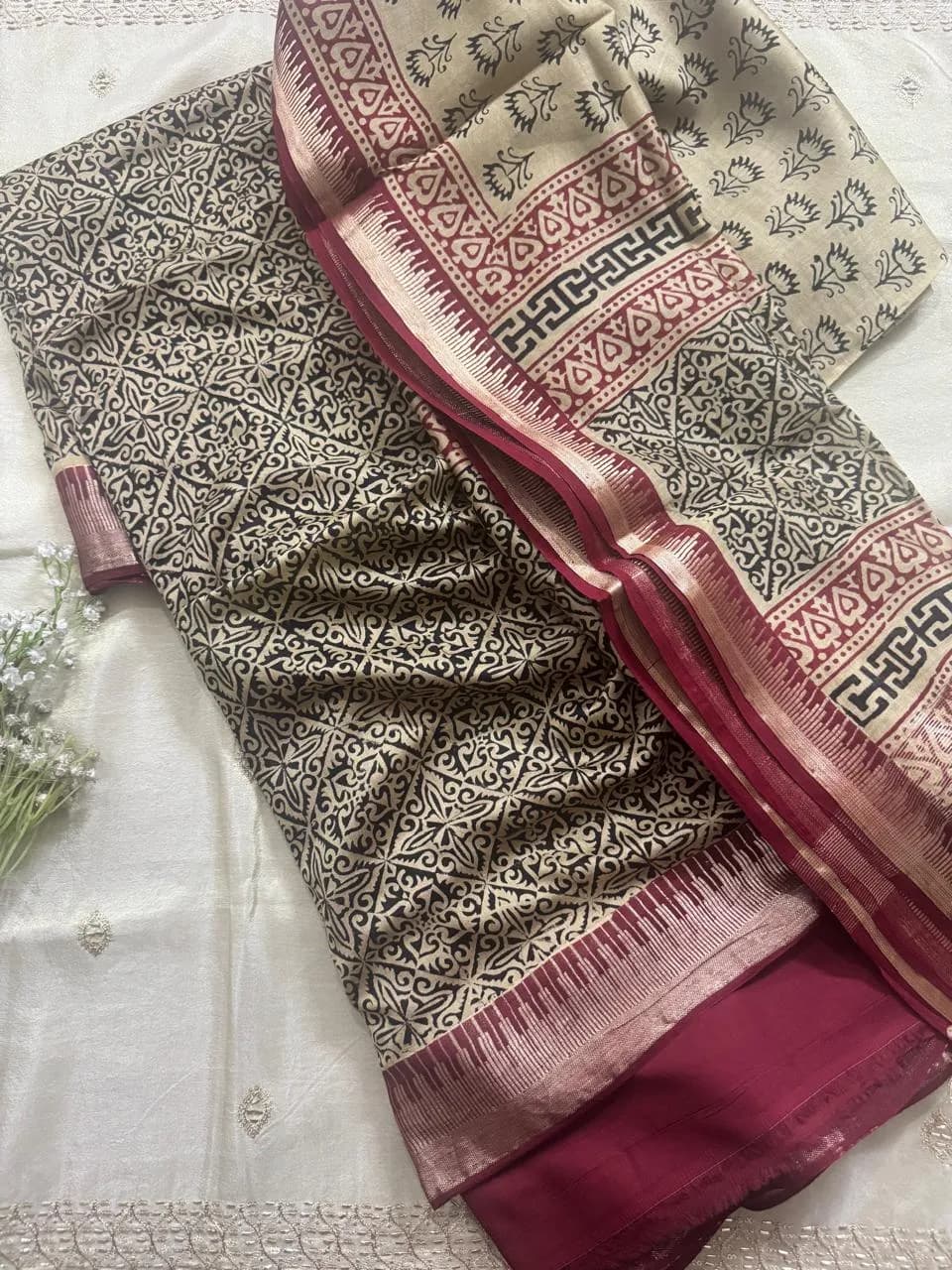 Maroon & Cream Handblock-Style Printed Suit Set