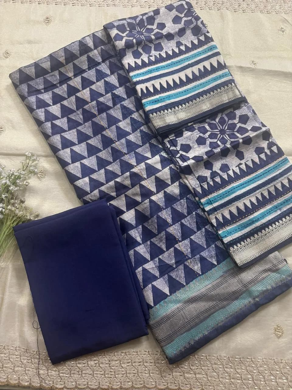 Navy Blue Geometric Printed Suit Set