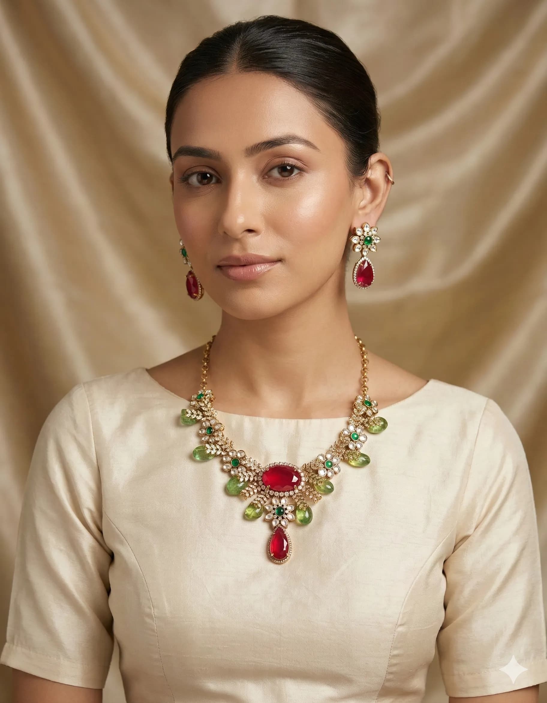 Ruby & Emerald Floral Crystal Necklace Set