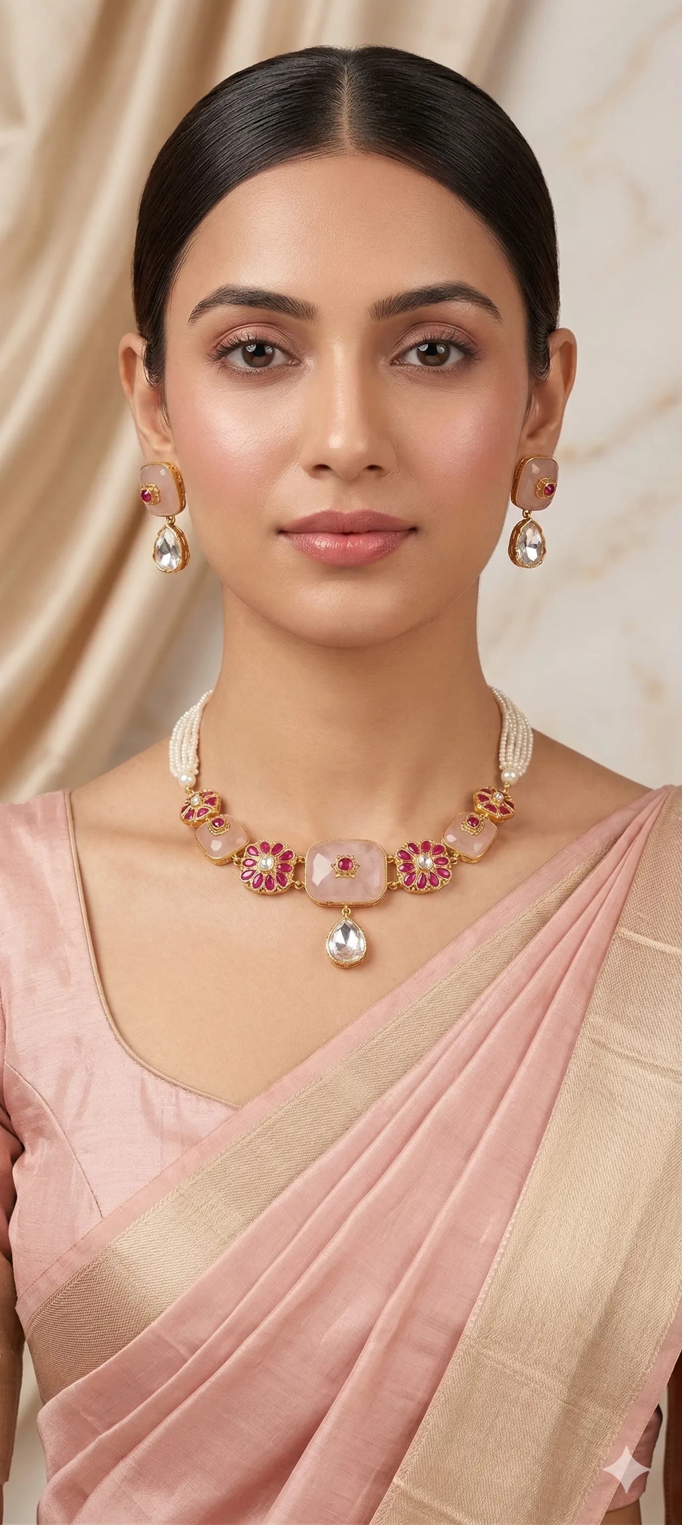 Pink Petal Kundan Necklace Set