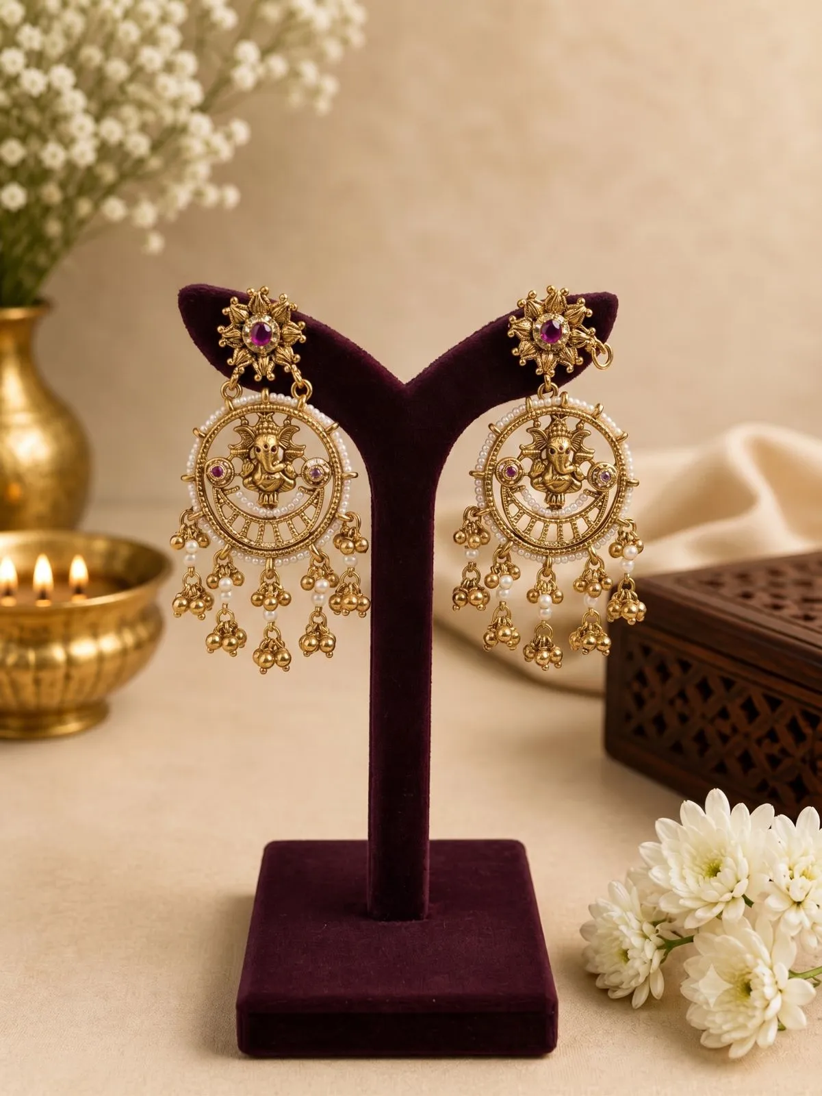 Antique Gold Ganesha Drop Earrings