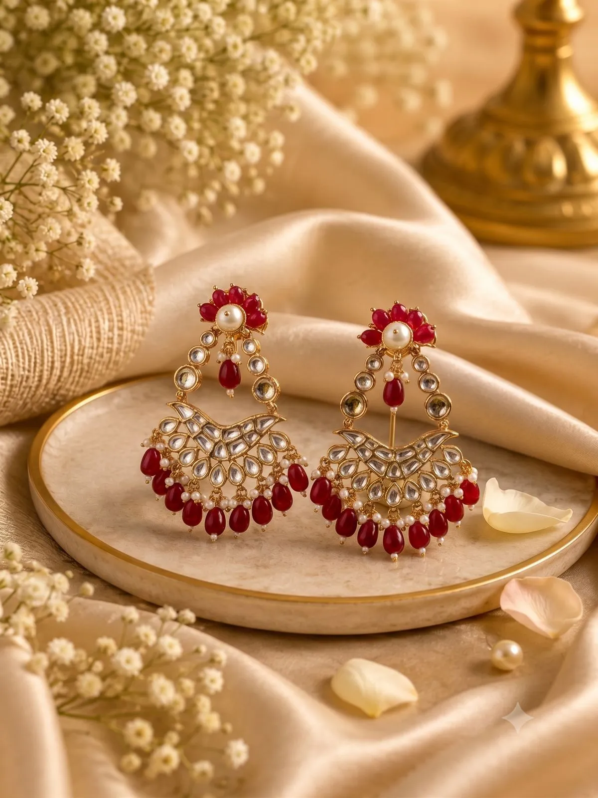 Ruby Kundan Floral Chandbali Earrings