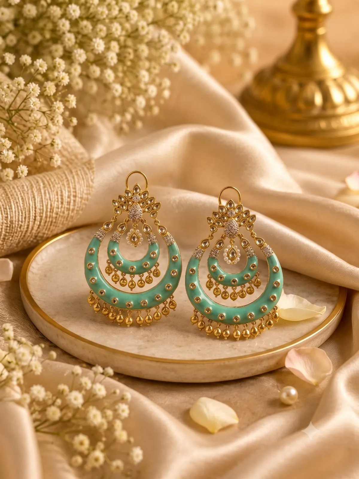 Mint Meenakari Chandbali Earrings