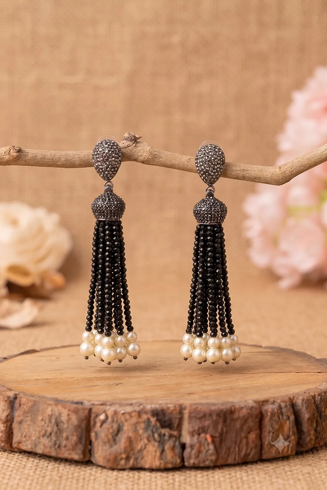 Onyx Pearl Tassel Earrings