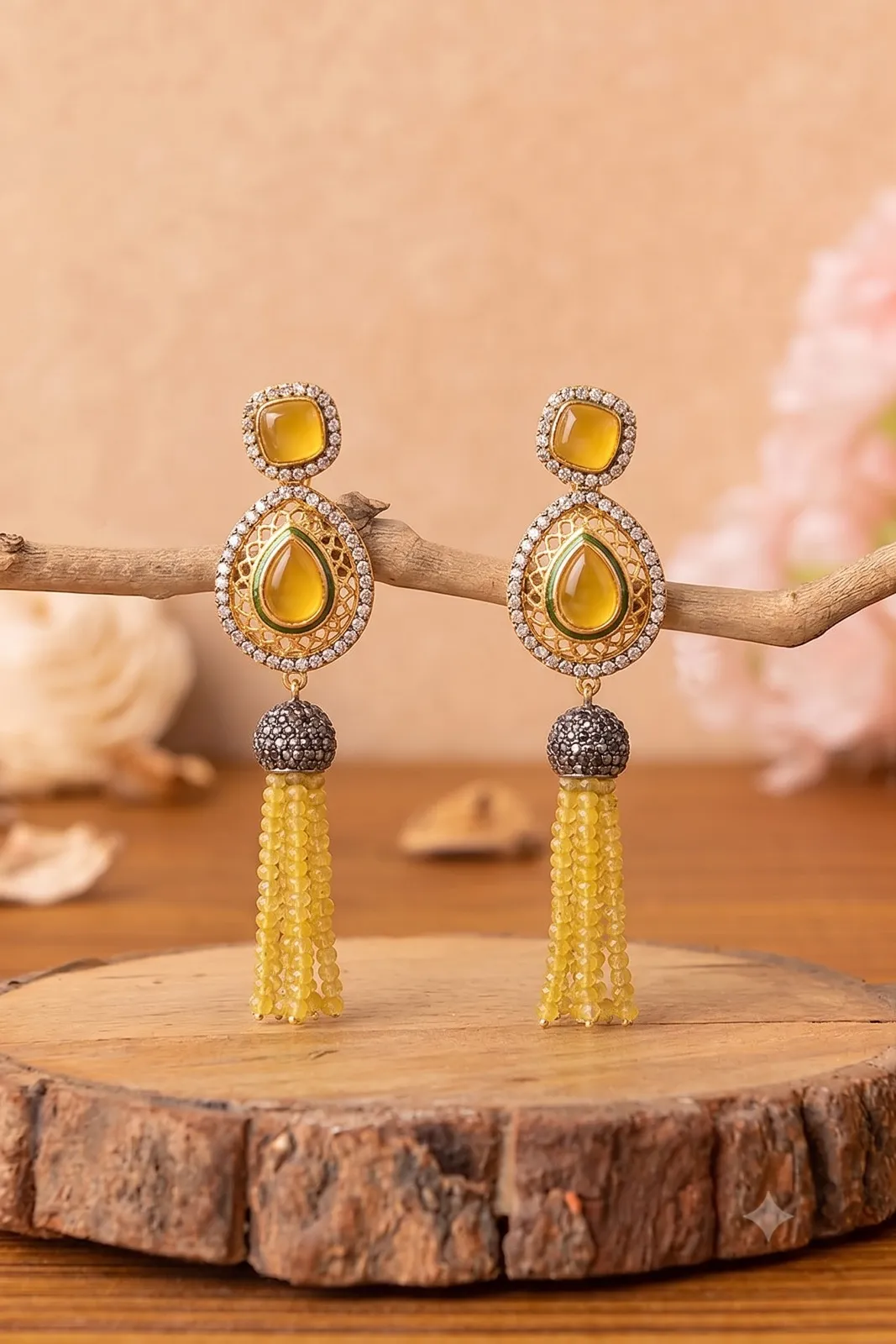 Golden Citrine Beaded Tassel Earrings