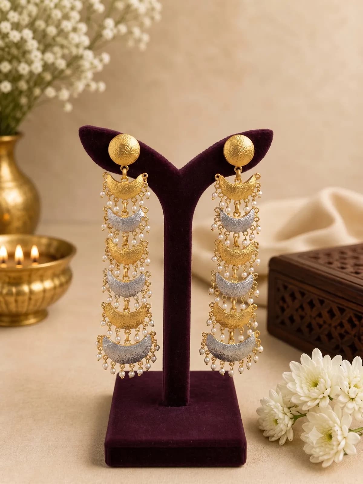 Layered Gold & Silver Pearl Chandbali Earrings