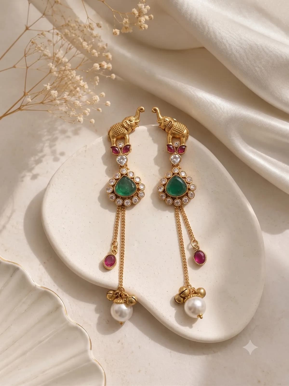 Elephant Emerald Pearl Drop Earrings