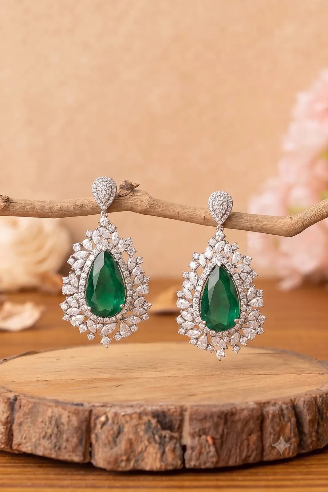 Emerald Pear Halo Earrings